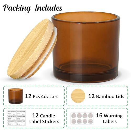 41BxSzEnFEL._SL500_.jpg SUPMIND 12 Pack 4oz Amber Glass Candle Jars with Bamboo Lids, Labels & Stickers - Dishwasher Safe - Image 3