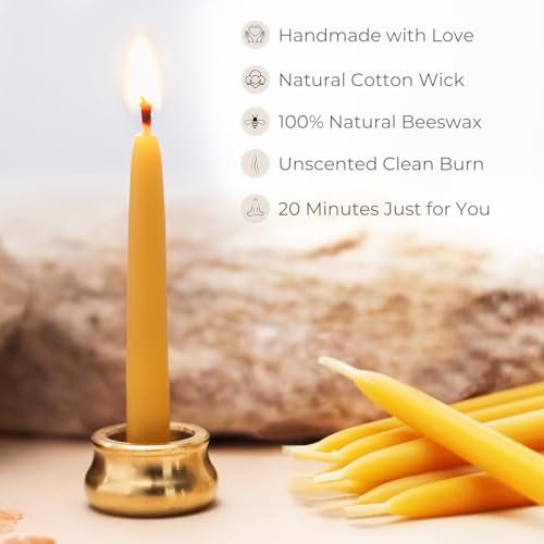 41DOgOWr4RL._SL500_.jpg Mindful Meditation Candle Set: 12 Mini Beeswax Taper Candles with Brass Holder for Relaxation & Reflection Gifts for Women (3 Sets) - Image 5