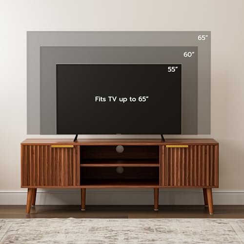 41E-ZV2wZaL._SL500_.jpg Mid-Century Modern TV Stand for Living Room - Fits 55/60/65" TVs, Console with Fluted Doors & Open Shelves, Walnut. - Image 3
