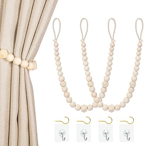 Wood Bead Curtain Tiebacks - KLOGTSIND Set of 2 Holdbacks Wood Bead Curtain Tiebacks, KLOGTSIND Set of 2 Curtain Holdbacks for Thin or Thick Window Draperies, Boho Farmhouse Curtain Tiebacks with Hooks, Curtain Tie Backs for Home Office Room Decor