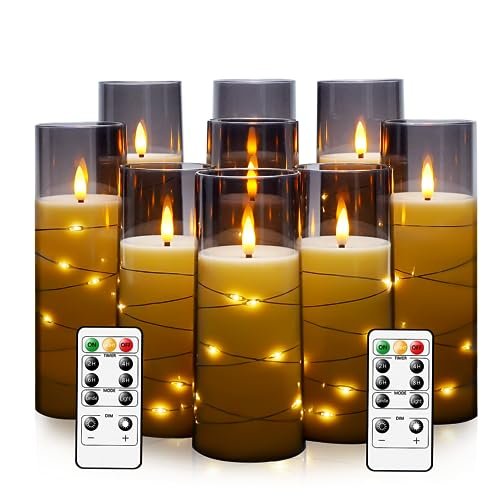 Kakoya Flameless LED Candles with Timer – 9-Pc Flickering Set kakoya Flameless LED Candles with Timer 9 Pc Flickering Flameless Candles for Romantic Ambiance and Home Decoration Stable Acrylic Shell,with Embedded Star String,Battery Operated Candles(Grey)