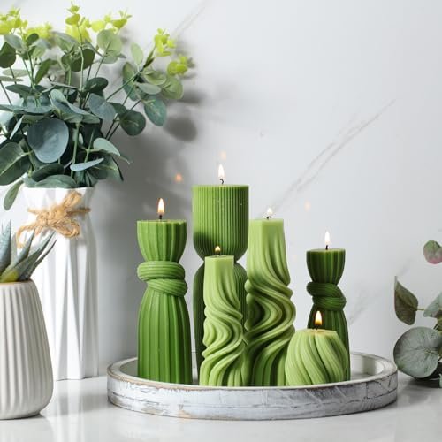 41EoHTiOTWL._SL500_.jpg Threlaco 6-Piece Ribbed Pillar Candle Set: Modern Aesthetic Soy Wax Scented Decor for Home (Green, 2.36-6.89 Inches) - Image 6
