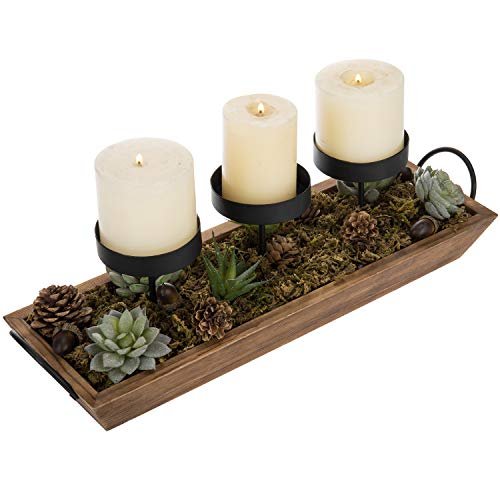 41Fl8Q31pcL._SL500_.jpg MyGift Black Metal 3-Pillar Candle Holder Set with Rustic Wood Tray & Handles – Perfect Tabletop Centerpiece! - Image 3