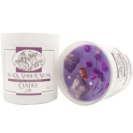 Scented Candles Gifts for Women, Non-Toxic Amber 8% Scented Candle with 2 Healing Crystals & 1 Wooden Wick in Cute Glass Jar, Aromatherapy Stress Relief Candle, 50hr Burn Time (Amber/Amethyst, 8 OZ)