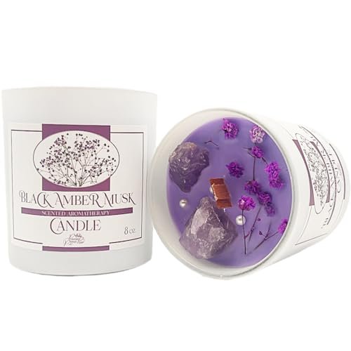 Non-Toxic Amber Scented Candle with Crystals & Wooden Wick – Scented Candles Gifts for Women, Non-Toxic Amber 8% Scented Candle with 2 Healing Crystals & 1 Wooden Wick in Cute Glass Jar, Aromatherapy Stress Relief Candle, 50hr Burn Time (Amber/Amethyst, 8 OZ)