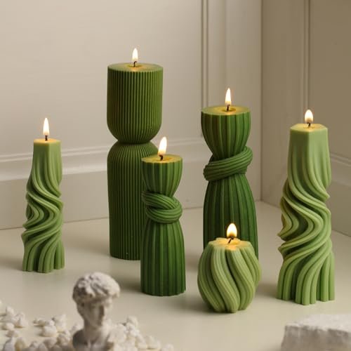41IMpUUVg8L._SL500_.jpg Threlaco 6-Piece Ribbed Pillar Candle Set: Modern Aesthetic Soy Wax Scented Decor for Home (Green, 2.36-6.89 Inches) - Image 5