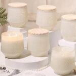 LAMORGIFT 6 Pcs 13.5 OZ Creamy Large Candle Jars for Making Candles, Ribbed Unique Candle Jars, Glass Jars with Wooden Lids and Labels for Candle Making Supplies, Container, Home Decor, Gift