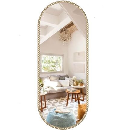 Brauthon Gold Beaded Oval Mirror, 16"x48" Full Length Vintage Gold Oval Bathroom Vanity Mirror, Retro Metal Beaded Frame Decorative Mirror for Vanity Accent Bedroom Dressing Room Entryway