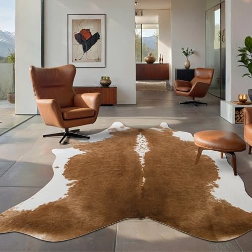 41LLijVsERL._SL500_.jpg BENRON Premium Faux Cowhide Rug - Rustic Cow Print for Living Room & Bedroom, 4.6x5.2ft, Anti-Skid, Khaki Brown - Image 2