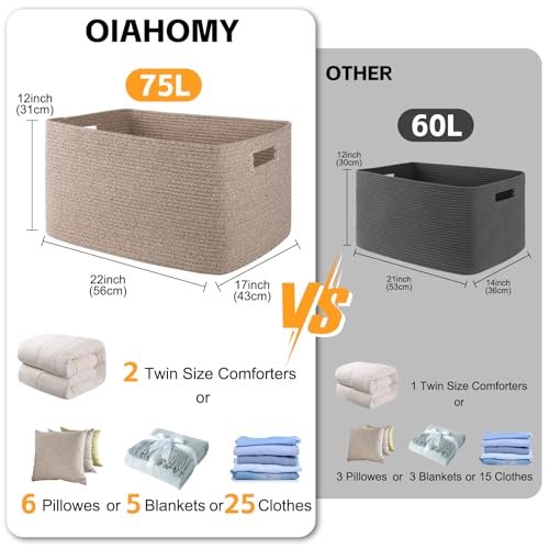 41MODMJOfnL._SL500_.jpg OIAHOMY 75L Woven Blanket Storage Basket with Handle, Cotton Rope Organizer, 22”x17”x12”, Ideal for Living Room or Nursery Toy Storage, Brown Variegated. - Image 3