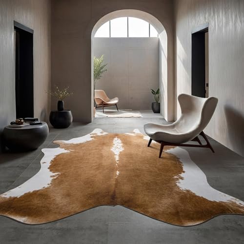 41OB7rBlm-L._SL500_.jpg BENRON Premium Faux Cowhide Rug - Rustic Cow Print for Living Room & Bedroom, 4.6x5.2ft, Anti-Skid, Khaki Brown - Image 4