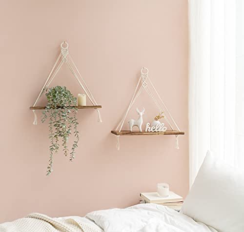 41OIdPGoC2L._SL500_.jpg Mkono Macrame Hanging Shelves Set of 2 - Boho Wall Decor, Rustic Wood Floating Storage for Bedroom, Bathroom, Living Room, and Nursery. Perfect for Plants and Photos! - Image 2