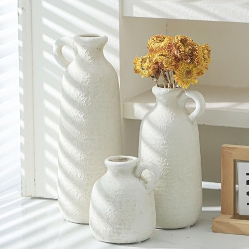 41OXZdCKAoL._SL500_.jpg Set of 3 Rustic Ceramic Vases with Handles - Whitewashed Farmhouse Décor for Home, Kitchen, Living Room. - Image 5