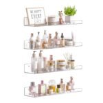 upsimples Acrylic Shelves for Bathroom Storage, 15" Floating Shelves Wall Organizer for Perfume, Make up, Skincare, Kids Bookshelf for Bedroom, Nursery, Living Room Decor, Clear, 4 Pack