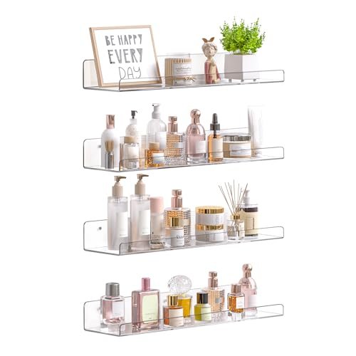 Upsimples Acrylic Floating Shelves - 15" Wall Organizer for Bathroom, upsimples Acrylic Shelves for Bathroom Storage, 15" Floating Shelves Wall Organizer for Perfume, Make up, Skincare, Kids Bookshelf for Bedroom, Nursery, Living Room Decor, Clear, 4 Pack