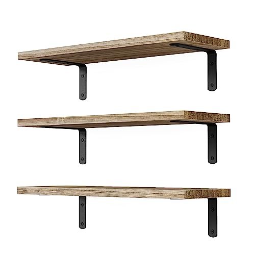 DOLLFIO Wall-Mounted Floating Shelves - 3 Set Wooden Shelves for DOLLFIO Floating Shelves, 3 Sets Wall Shelves, Wooden Floating Shelves for Wall Décor, Wall Mounted Floating Bathroom Shelf for Storage, Floating Book Shelf for Bedroom, Living Room – Rustic Brown