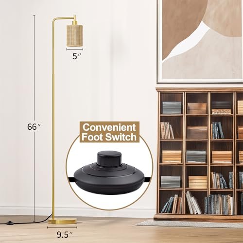 41Pv5JMxWPL._SL500_.jpg Oneach 66" Gold Floor Lamp: Boho Rattan Shade Lamp with LED Bulb & Foot Switch for Home & Office. - Image 5