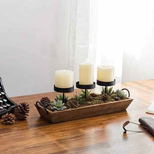 41SbUrwC9vL._SL500_.jpg MyGift Black Metal 3-Pillar Candle Holder Set with Rustic Wood Tray & Handles – Perfect Tabletop Centerpiece! - Image 4