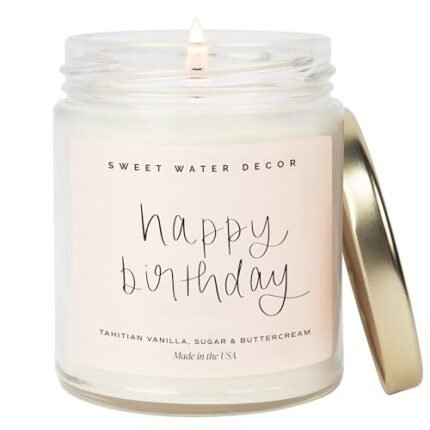 Sweet Water Decor Happy Birthday Soy Candle - Vanilla Sugar & Buttercream Sweet Scented Happy Birthday Candle Gift for Mom, Friends & Girls - 40 Hour Burn Time - 9oz - Non Toxic