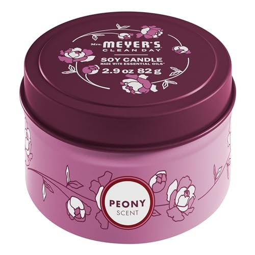 MRS. MEYER'S CLEAN DAY Soy Tin Candle, 12-Hour Burn, Soy MRS. MEYER'S CLEAN DAY Soy Tin Candle, 12 Hour Burn Time, Made with Soy Wax and Essential Oils, Peony, 2.9 Oz