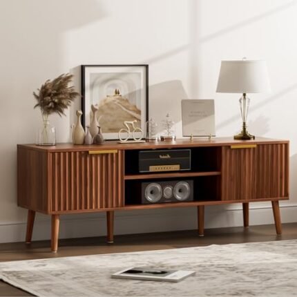 TV Stand for Living Room, Mid Century Modern Entertainment Center for 55/60/65 inch TVs, TV Console with Fluted Door Cabinets and Open Shelves, for Bedroom, Walnut