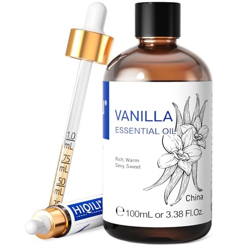 HIQILI Vanilla Essential Oil - Pure Undiluted Aroma for Skin HIQILI Vanilla Essential Oil, Undiluted Natural Strong Fragrance Add in Skin Perfume, Unscented Lotion, Candle Soap Making Scent, Relax at Home with Diffuse Warm Sweet Aroma -100ML