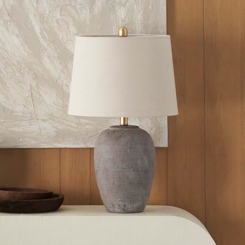 Nourison Home 23" Rustic Farmhouse Ceramic Table Lamp in Greyish Nourison Home 23" Greyish Brown Earth Tone Rustic Farmhouse Ceramic Table Lamp for Bedroom, Living Room, Dining, Office, with Beige Linen Shade