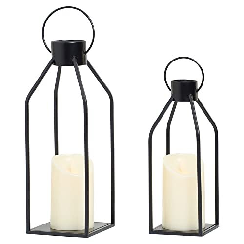 HPC Decor Modern Farmhouse Lantern - Black Metal Candle with HPC Decor Modern Farmhouse Lanterrn Decor- Black Metal Candle for Summer Night- Lanterns w/Timer Flickering Candles for Living Room,Home,Indoor, Outdoor,Table,Fireplace Mantle Décor
