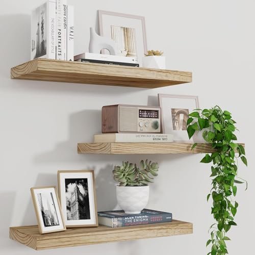 Set of 3 Rustic 17-Inch Black Wood Floating Shelves for Wood Floating Shelves for Wall Set of 3, 17 Inch Wide Rustic Wooden Floating Shelves, Invisible Wall Mounted Display for Living Room Bedroom Kitchen Bathroom Office, Carbonized Black