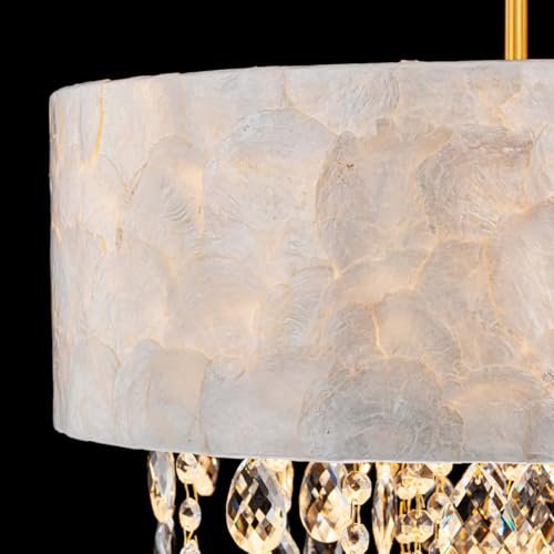 41arE2cicmL._SL500_.jpg LumFurn 4-Light Drum Capiz Shell Crystal Chandelier - Coastal Pendant for Dining Room, Adjustable D18x21-68" with Gold Finish. - Image 7