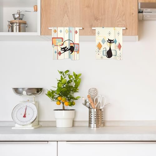 41bG4B5oiL._SL500_.jpg FNLNDO Mid Century Modern Cat Kitchen Towels Set: 2 Absorbent Retro Black Cat Dish Towels, 16"x28" - Image 2