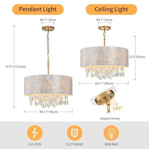 41bHlotYf4L._SL500_.jpg LumFurn 4-Light Drum Capiz Shell Crystal Chandelier - Coastal Pendant for Dining Room, Adjustable D18x21-68" with Gold Finish. - Image 2