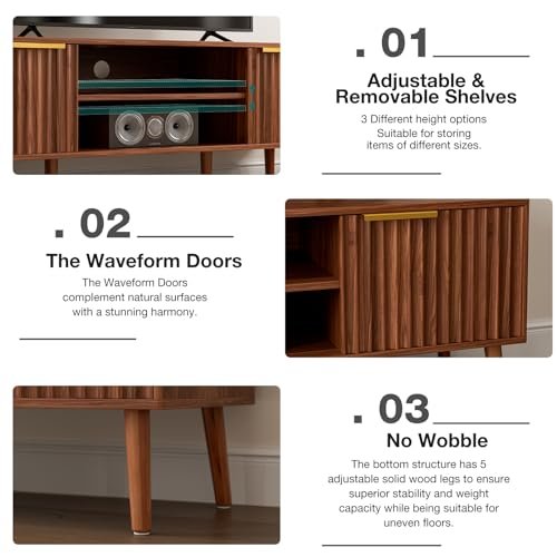 41d7HZBI5GL._SL500_.jpg Mid-Century Modern TV Stand for Living Room - Fits 55/60/65" TVs, Console with Fluted Doors & Open Shelves, Walnut. - Image 4