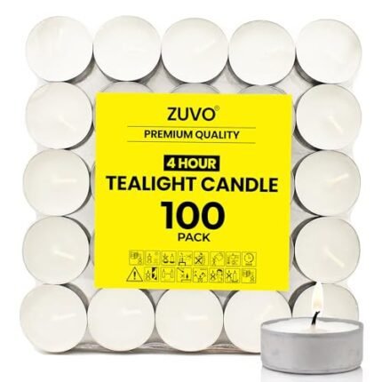 Zuvo Tea Lights Candles 4 Hour Burn (100 Pack) - White Lights - 1.5"W x 1"H Smokeless & Unscented Candles - Party Candles- for Weddings, Home Decor