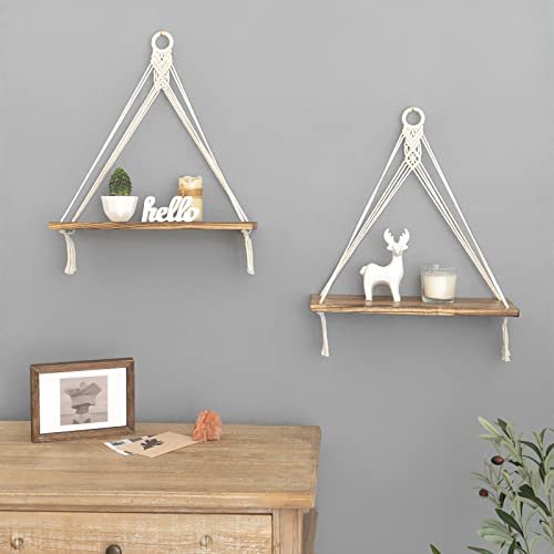 41diASwKJ0L._SL500_.jpg Mkono Macrame Hanging Shelves Set of 2 - Boho Wall Decor, Rustic Wood Floating Storage for Bedroom, Bathroom, Living Room, and Nursery. Perfect for Plants and Photos! - Image 4