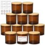 SUPMIND 4oz Candle Jars 12 Pack- Amber Empty Glass Candle Jars with Bamboo Lids, with Stickers and Labels, Bulk Small Candle Jar for Making Containers - Dishwasher Safe