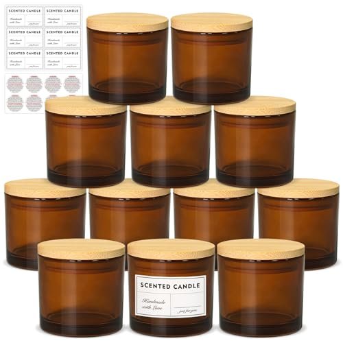 SUPMIND 12 Pack 4oz Amber Glass Candle Jars with Bamboo SUPMIND 4oz Candle Jars 12 Pack- Amber Empty Glass Candle Jars with Bamboo Lids, with Stickers and Labels, Bulk Small Candle Jar for Making Containers - Dishwasher Safe