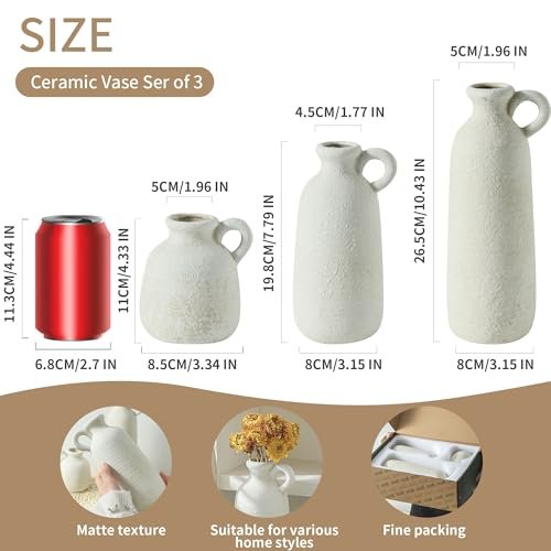 41hufzvrt6L._SL500_.jpg Set of 3 Rustic Ceramic Vases with Handles - Whitewashed Farmhouse Décor for Home, Kitchen, Living Room. - Image 2