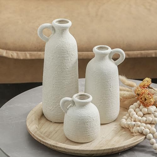 41j8pf4-n4L._SL500_.jpg Set of 3 Rustic Ceramic Vases with Handles - Whitewashed Farmhouse Décor for Home, Kitchen, Living Room. - Image 8