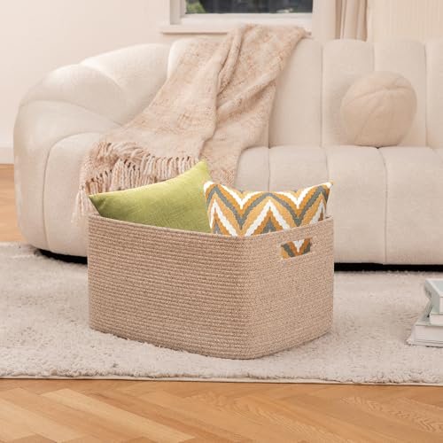 41kja49bZiL._SL500_.jpg OIAHOMY 75L Woven Blanket Storage Basket with Handle, Cotton Rope Organizer, 22”x17”x12”, Ideal for Living Room or Nursery Toy Storage, Brown Variegated. - Image 2