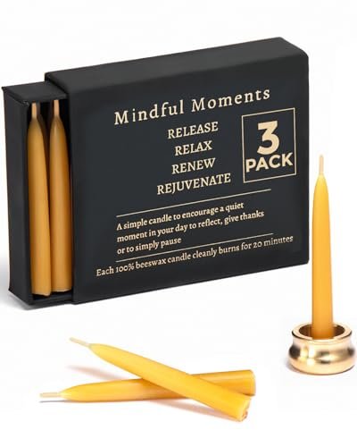 Mindful Meditation Candle Set with 12 Mini Taper Beeswax Candles with Brass Holder for Prayer & Reflection, Relaxation Gifts for Women Stress, Serenity Thinking of You Gift (3 Sets)