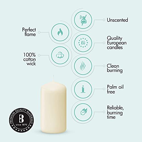 41mu0gzrUqS._SL500_.jpg Bolsius Ivory Pillar Candles, 2x3 inches, 20 pack - Unscented, dripless, and clean burning for weddings, parties, and home décor. - Image 5