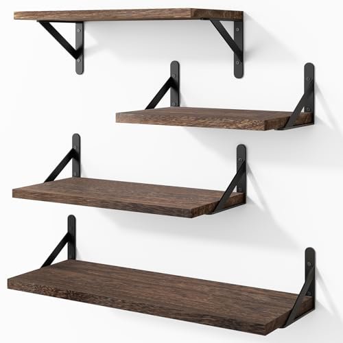 YGEOMER Floating Wall Shelves - Set of 4 in Dark YGEOMER Floating Shelves for Wall, Different Sizes Dark Carbonized Brown Wall Shelves for Living Room, Bathroom, Bedroom, Kitchen, Home Decor (Set of 4)