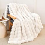 Faux Rabbit Fur Throw Blanket for Couch, Fluffy Warm Plush Thick Bubble Blanket for Bed Sofa Living Room, Soft Cozy Furry Blanket, 50x60 inches, Cream White