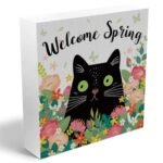 MQBMQB Welcome Spring Wooden Box Sign, Floral Cat Rustic Farmhouse Home Decor, Cat Lover Gifts, Living Room, Bedroom, Office, Kitchen, Bathroom Decor, Spring Seasonal Decorations, Wood Block Plaque
