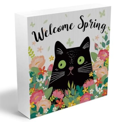 MQBMQB Welcome Spring Wooden Box Sign, Floral Cat Rustic Farmhouse Home Decor, Cat Lover Gifts, Living Room, Bedroom, Office, Kitchen, Bathroom Decor, Spring Seasonal Decorations, Wood Block Plaque