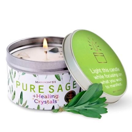 MAGNIFICENT 101 Sage Candle with Rose Quartz, Amethyst, Moonstone & Black Tourmaline - 6 Oz Soy Wax - 35-Hour Burn - Energy Cleansing & Manifestation