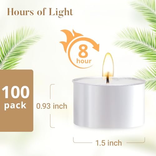 41samKE8ioL._SL500_.jpg 100 Pack Unscented Tea Candles - 8 Hour Burn Time for Shabbat, Weddings, Christmas & Home Decor - Image 2