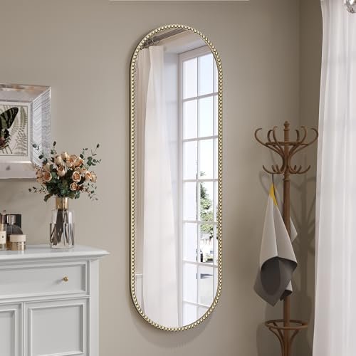 41snd9qIylL._SL500_.jpg Brauthon 16"x48" Vintage Gold Oval Mirror - Beaded Full-Length Bathroom & Vanity Decor - Image 2