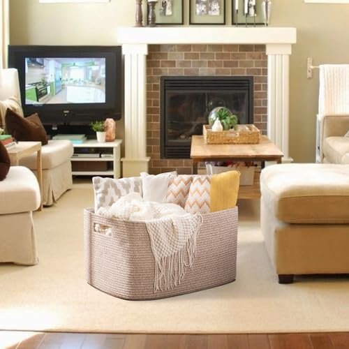 41ul2KfvPFL._SL500_.jpg OIAHOMY 75L Woven Blanket Storage Basket with Handle, Cotton Rope Organizer, 22”x17”x12”, Ideal for Living Room or Nursery Toy Storage, Brown Variegated. - Image 8